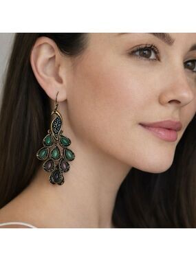 VINTAGE BOHEMIAN PEACOCK CHANDELIER EARRINGS & RING SET OCEAN HUES STATEMENT LUX